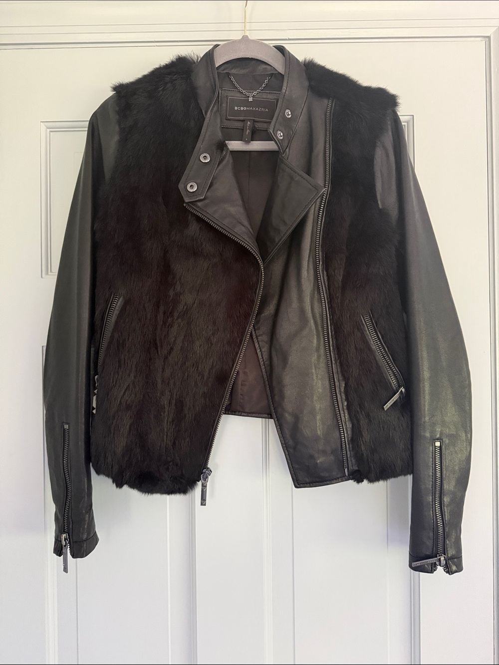 BCBGMaxAzria Black Leather Jacket with Fur Front Panels
